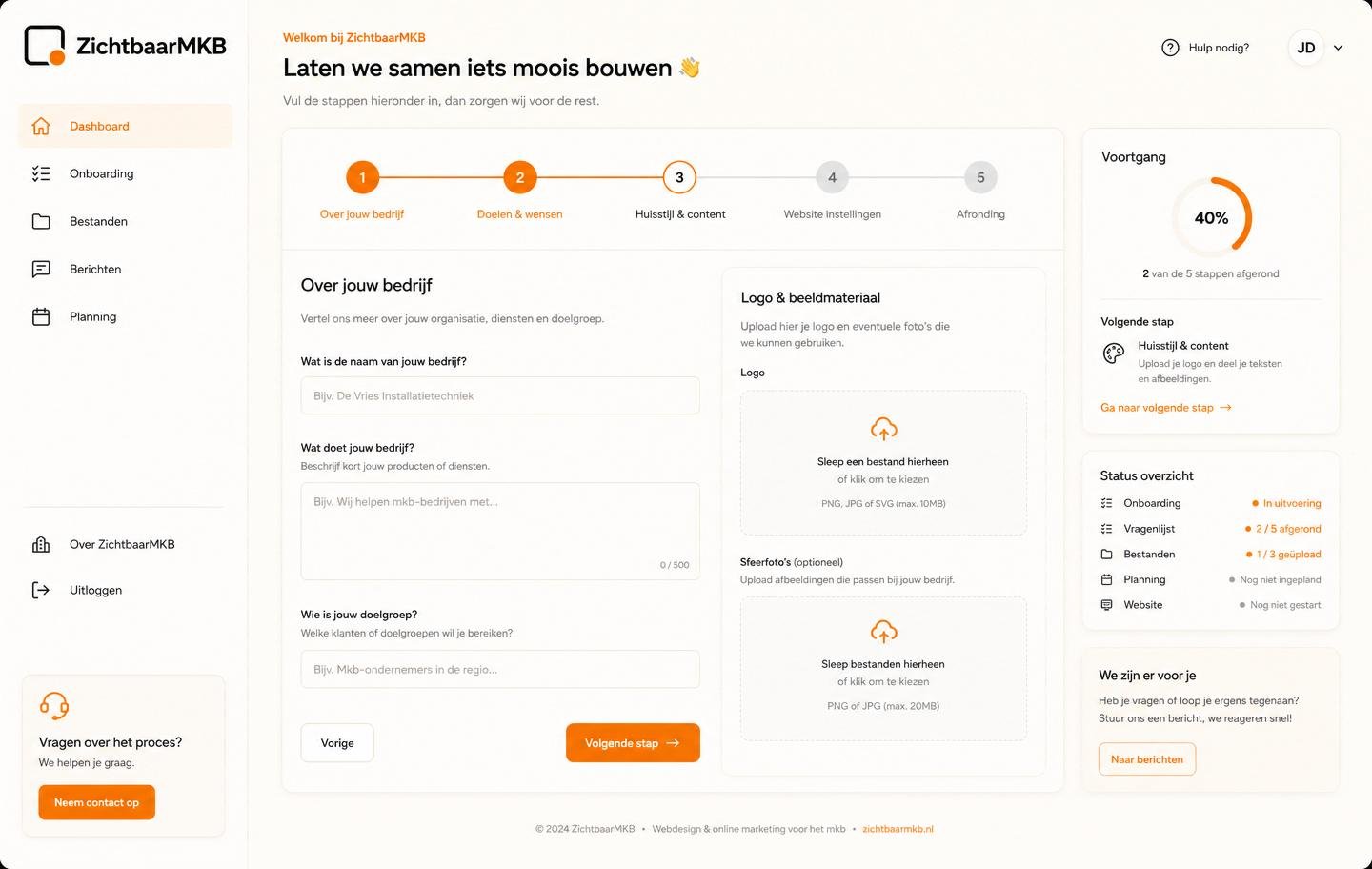 Overzicht van het ZichtbaarMKB Portaal met vragenlijst, uploadvelden en voortgang